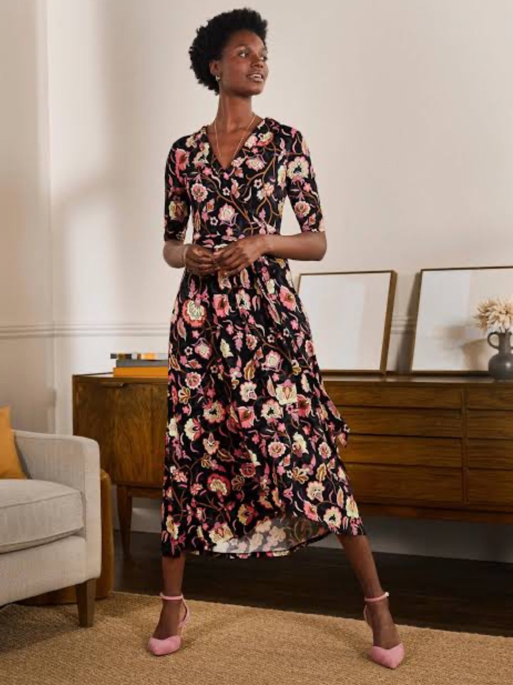 Boden Lavinia Short Sleeve Jersey Wrap Midi Dress US 10 Black Pink Floral Boho